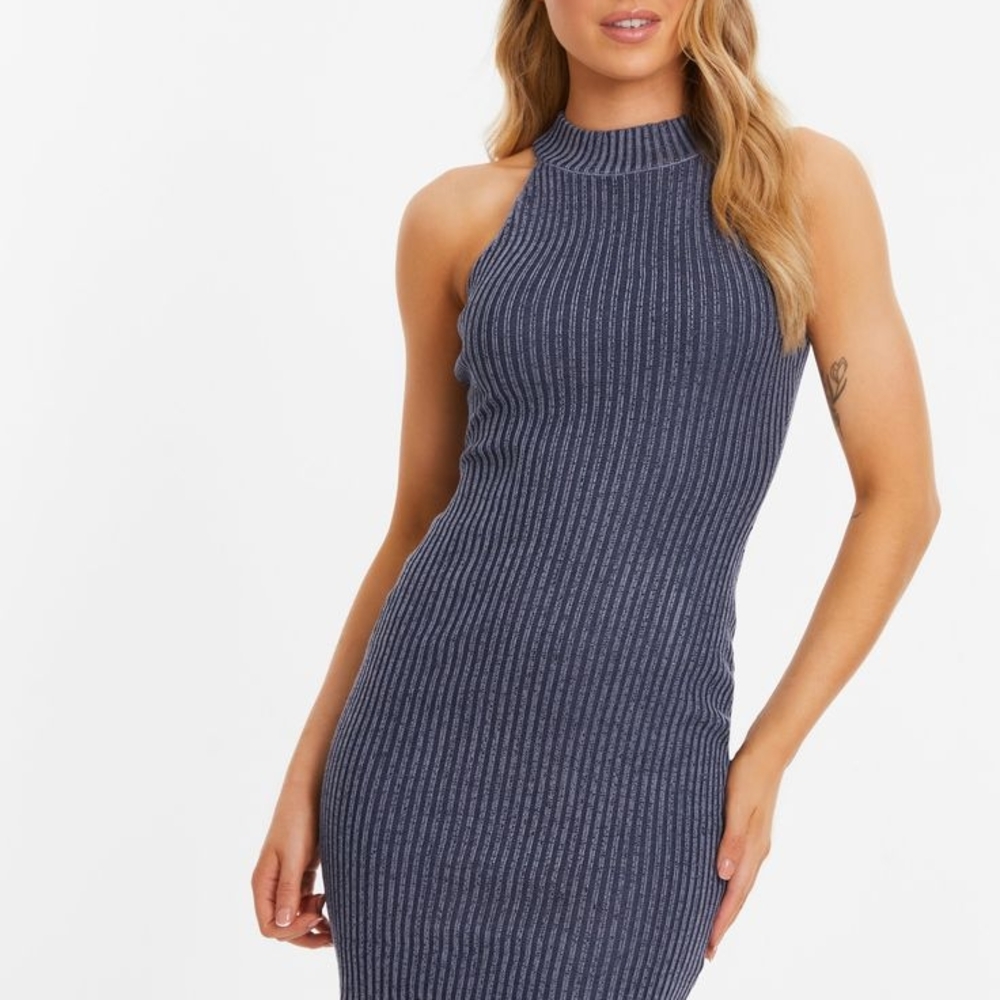 Dynamite Blue and White Ribbed Halter Bodycon Midi Dress